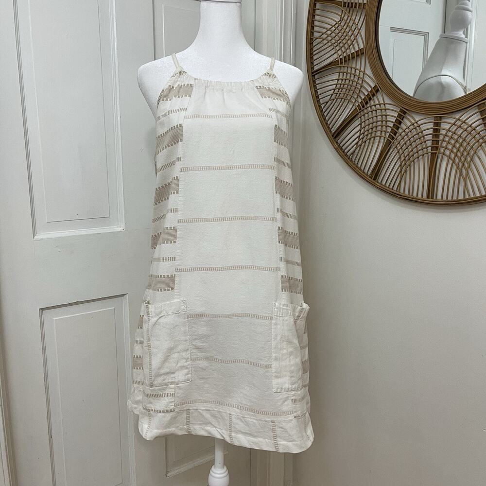 Cotton Beachy Mini Dress Neutral Stripes Beige L Minimalist Boxy Beach Old Navy